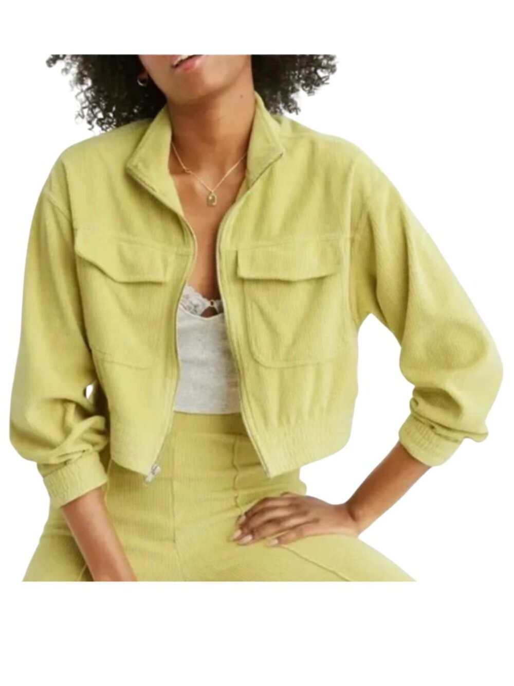 Aerie Groove On Velour Cropped Full Zip Jacket Citron Lemon Lime XXS Y2K